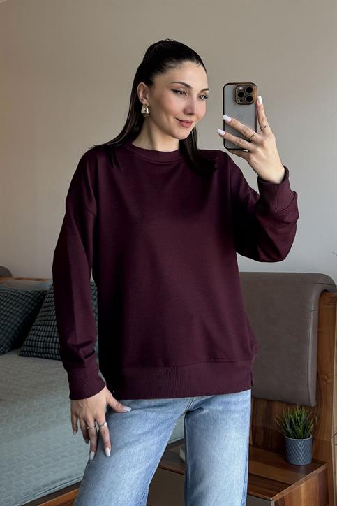 Bordo Yakası ve Kolları Ribanalı Basic Sweatshirt