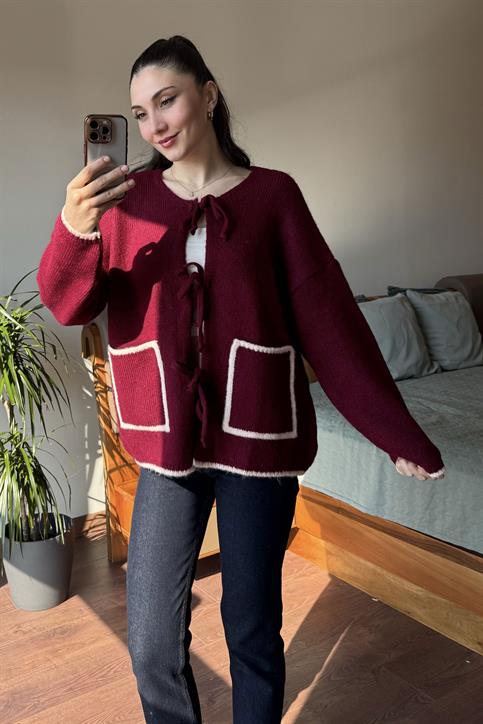 Bordo Yoshiko Renkli Cepli Bağlamalı Hırka