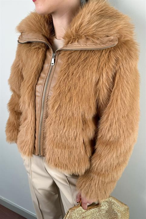 Camel Fermuarlı Kürk Mont