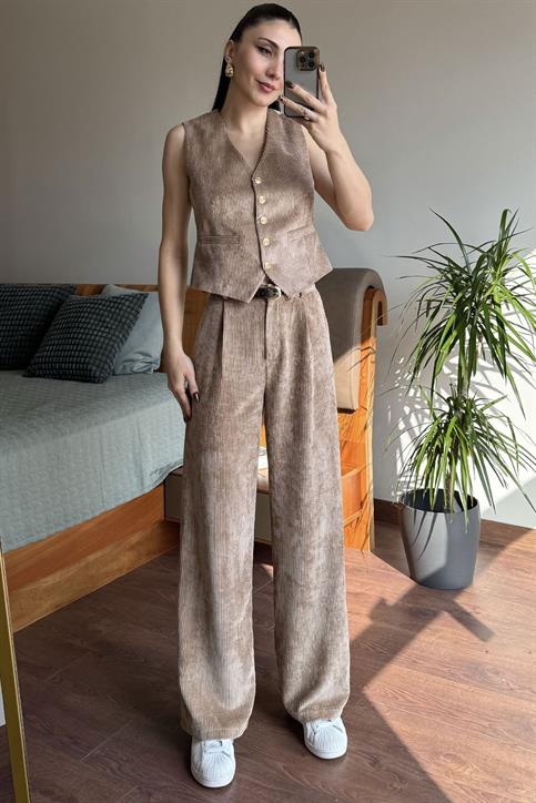 Camel Kemerli Kadife Pantolon