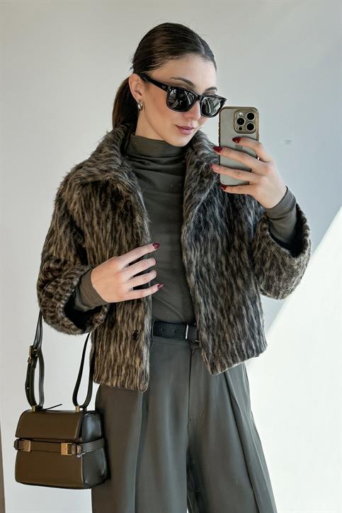 Camel Leopar Desen Sakallı Ceket