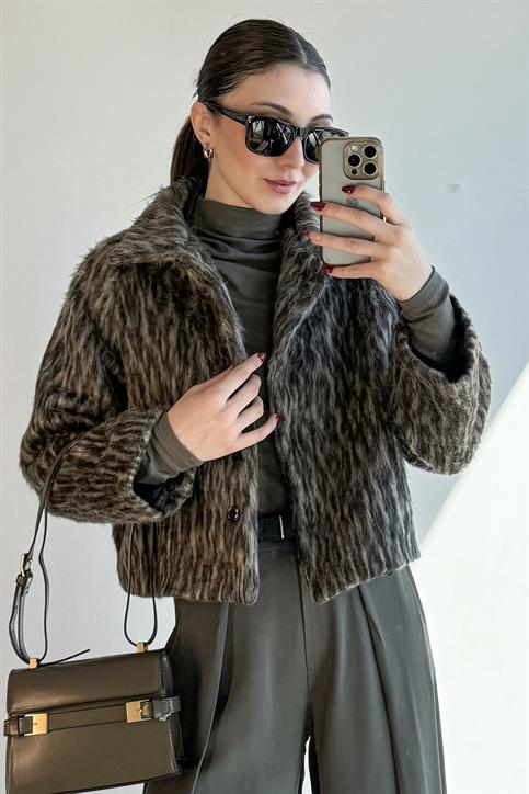 Camel Leopar Desen Sakallı Ceket