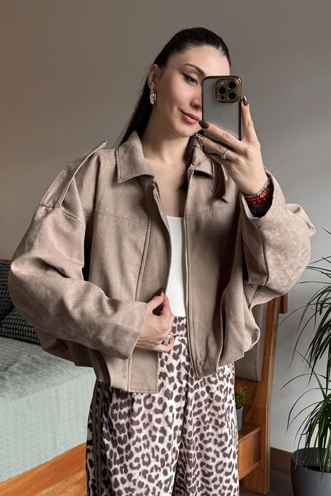 Camel Ön Pile Detaylı Süet Ceket