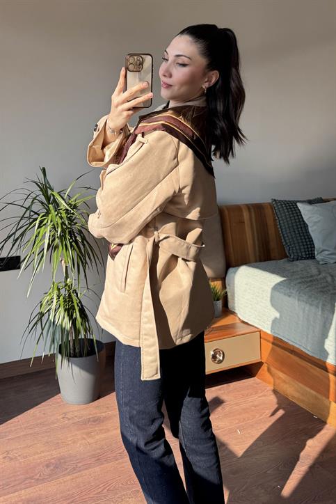 Camel Rüzgarlık Detaylı Oversize Süet Trençkot