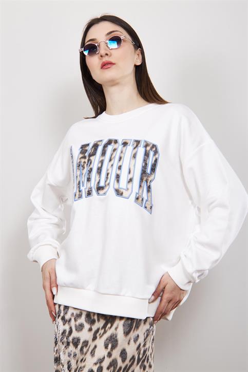 Ekru Amour Nakışlı Sweatshirt