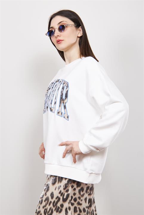 Ekru Amour Nakışlı Sweatshirt