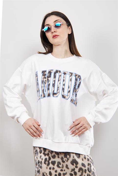 Ekru Amour Nakışlı Sweatshirt