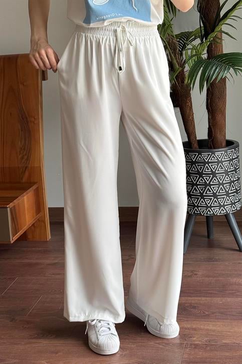 Ekru Beli Lastikli Bol Paça Pantolon