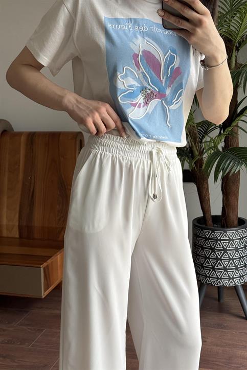 Ekru Beli Lastikli Bol Paça Pantolon