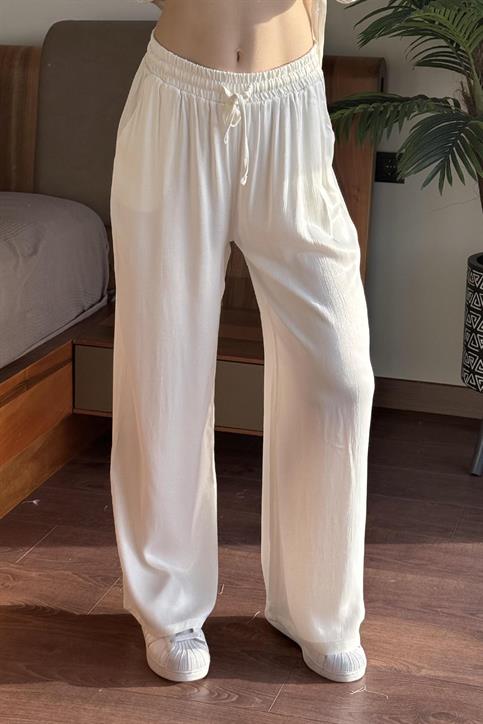 Ekru Beli Lastikli Saten Palazzo Pantolon