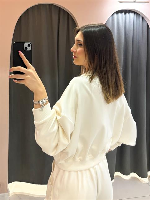 Ekru Biye Detaylı Fermuarlı Sweatshirt