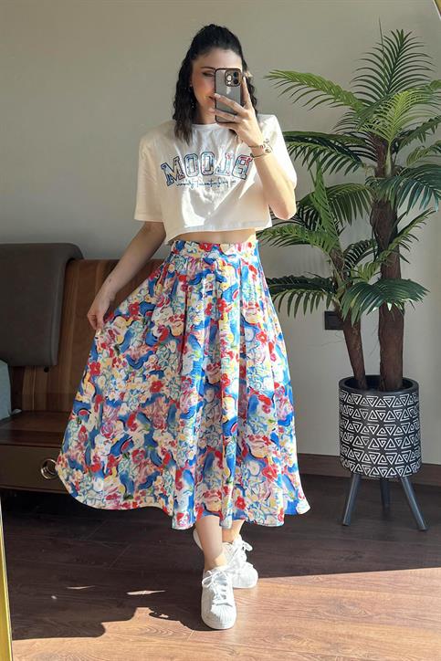 Ekru Bloom Baskılı Crop T Shirt