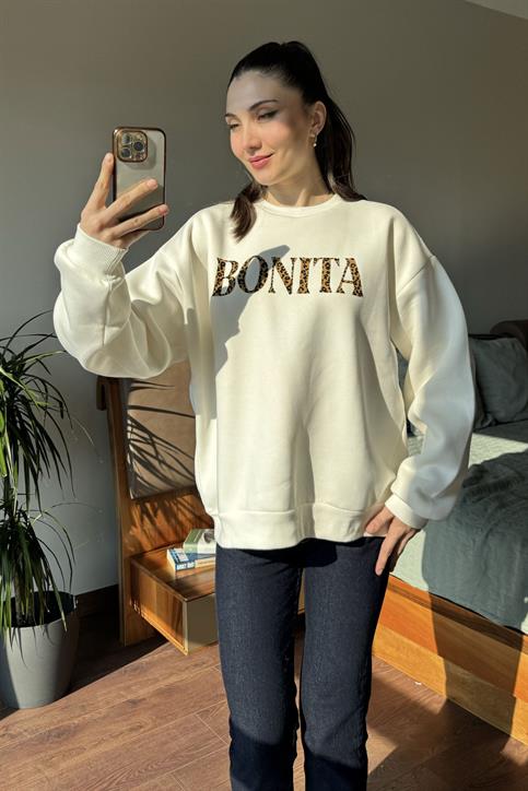 Ekru Bonita Leopar Baskılı Sweatshirt
