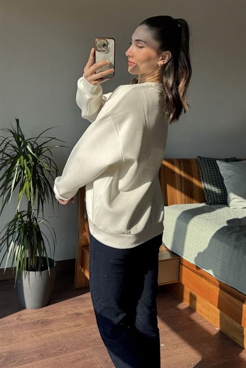 Ekru Bonita Leopar Baskılı Sweatshirt