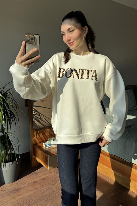 Ekru Bonita Leopar Baskılı Sweatshirt