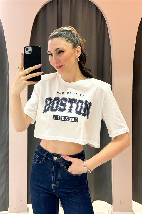Ekru Boston Vatkalı Crop T Shirt