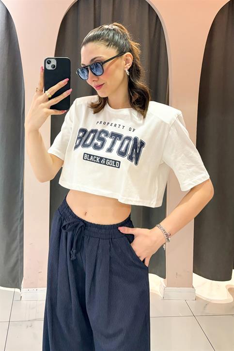 Ekru Boston Vatkalı Crop T Shirt