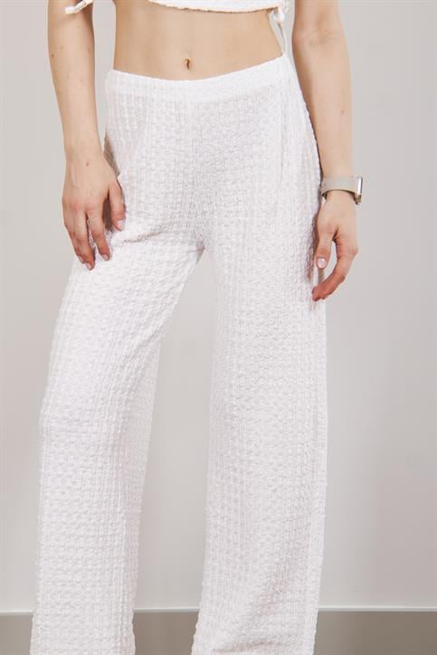 Ekru Büzgülü Crop ve Pantolon Takım