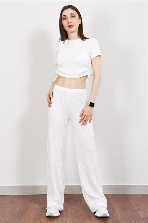 Ekru Büzgülü Crop ve Pantolon Takım