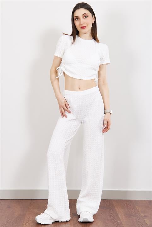 Ekru Büzgülü Crop ve Pantolon Takım