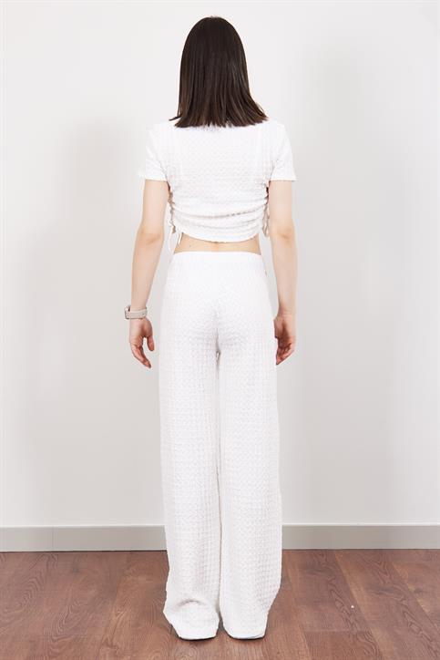 Ekru Büzgülü Crop ve Pantolon Takım