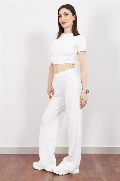 Ekru Büzgülü Crop ve Pantolon Takım