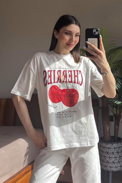 Ekru Cherries Baskılı T Shirt