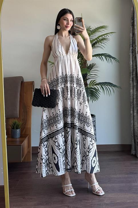 Ekru Çizgi Desenli Elbise