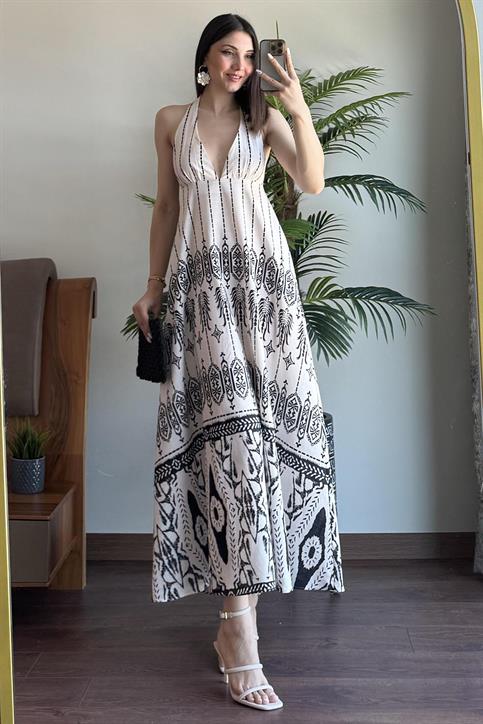 Ekru Çizgi Desenli Elbise