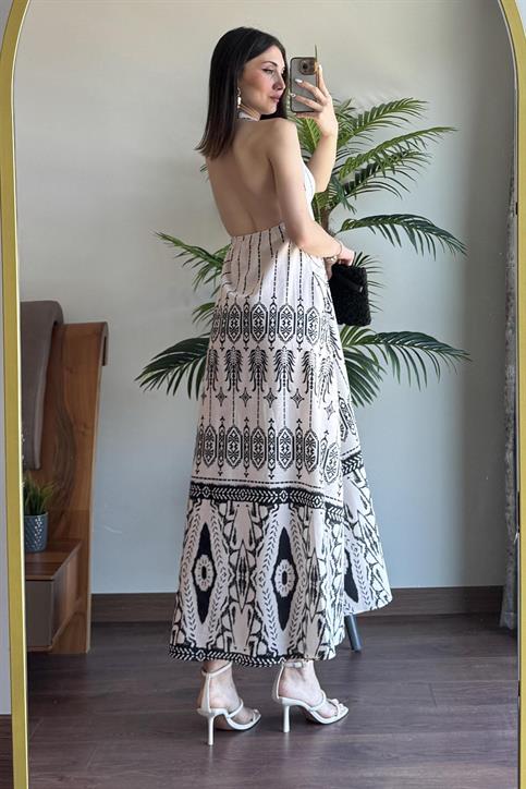 Ekru Çizgi Desenli Elbise