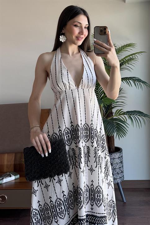 Ekru Çizgi Desenli Elbise