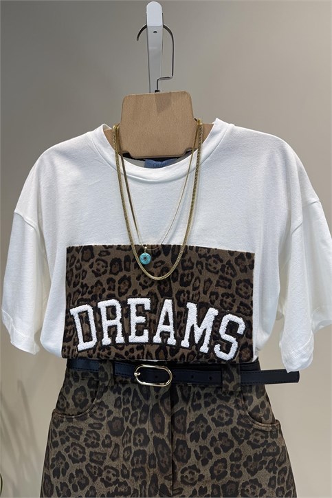 Ekru Dream Leopar Baskılı T Shirt