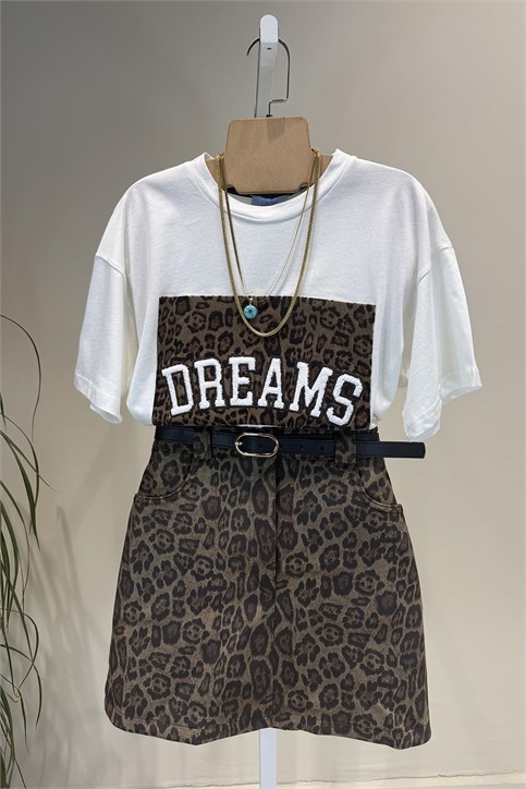 Ekru Dream Leopar Baskılı T Shirt
