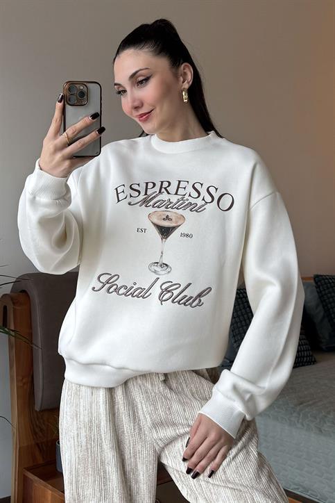 Ekru Espresso Martini Basklı Nakışlı Sweatshirt