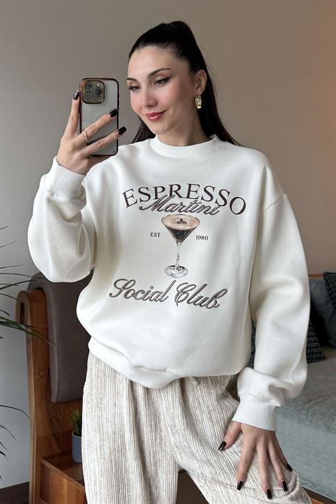 Ekru Espresso Martini Basklı Nakışlı Sweatshirt