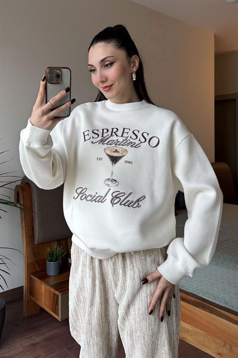 Ekru Espresso Martini Basklı Nakışlı Sweatshirt