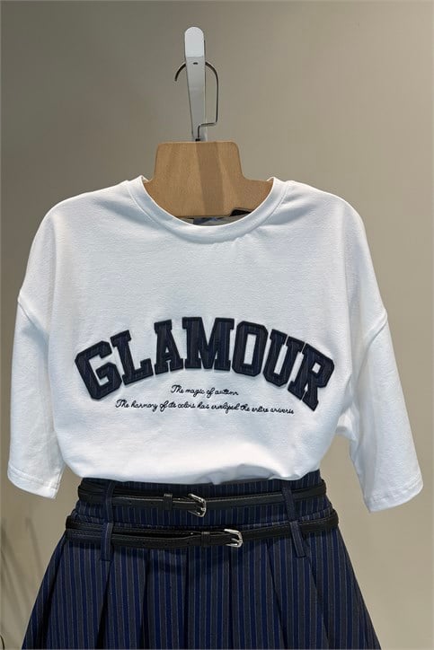 Ekru Glamour Yazı Nakışlı T Shirt
