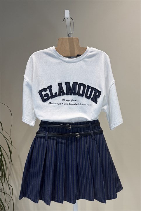 Ekru Glamour Yazı Nakışlı T Shirt