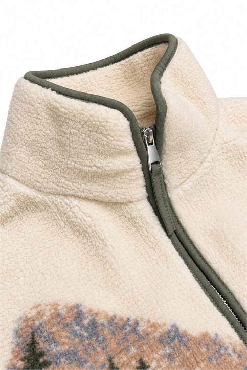 Ekru Haki Dağ ve Geyik Desenli Polar Sweatshirt