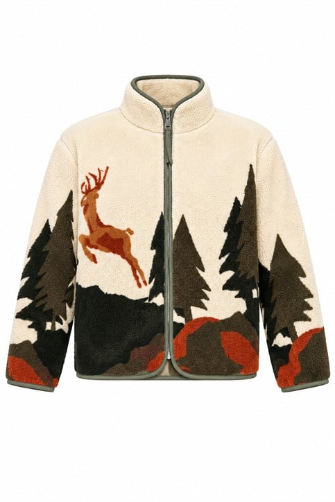 Ekru Haki Geyik Desenli Polar Sweatshirt