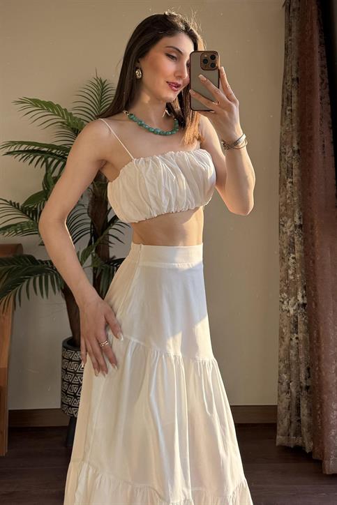Ekru İp Askılı Crop Bluz