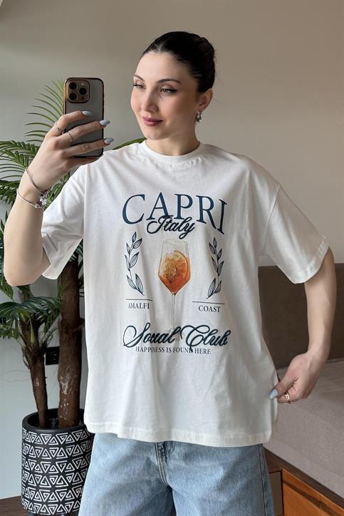 Ekru İtaly Capri Nakışlı T Shirt