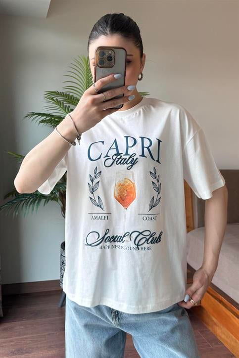 Ekru İtaly Capri Nakışlı T Shirt