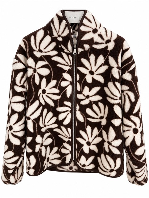 Ekru Kahve Çiçek Desenli Fermuarlı Polar Sweatshirt