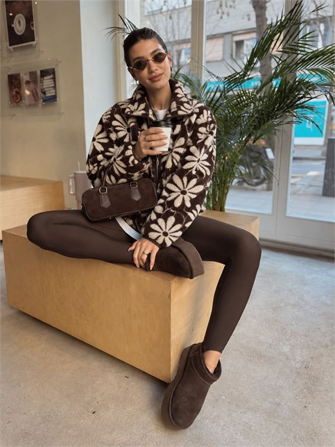 Ekru Kahve Çiçek Desenli Fermuarlı Polar Sweatshirt