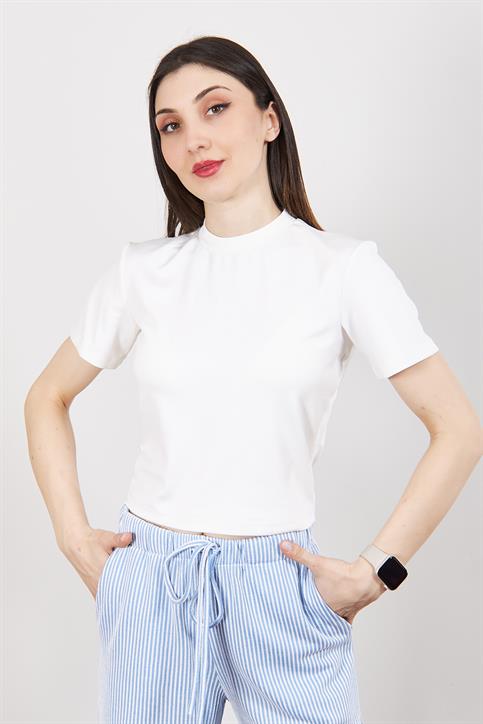 Ekru Kısakollu Crop T Shirt