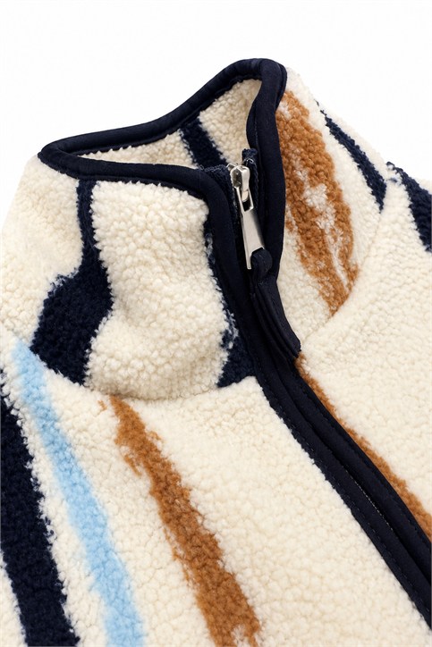 Ekru Lacivert Çizgi Desenli Polar Sweatshirt