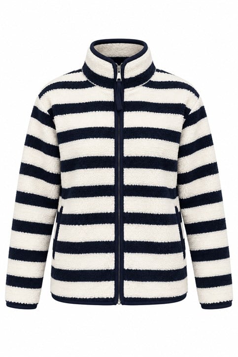 Ekru Lacivert Yatay Çizgili Fermuarlı Polar Sweatshirt