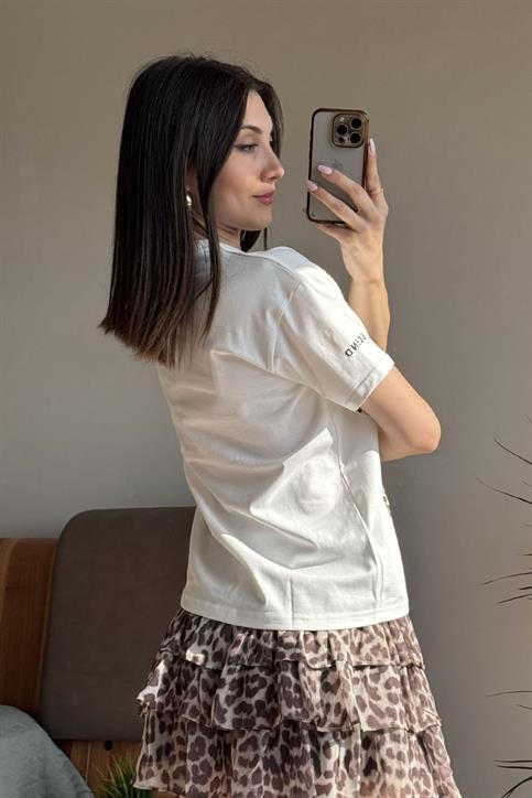 Ekru Leopar Nakışlı T Shirt
