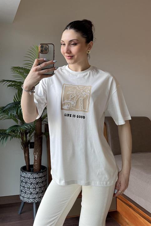 Ekru Life is Good Baskılı T Shirt